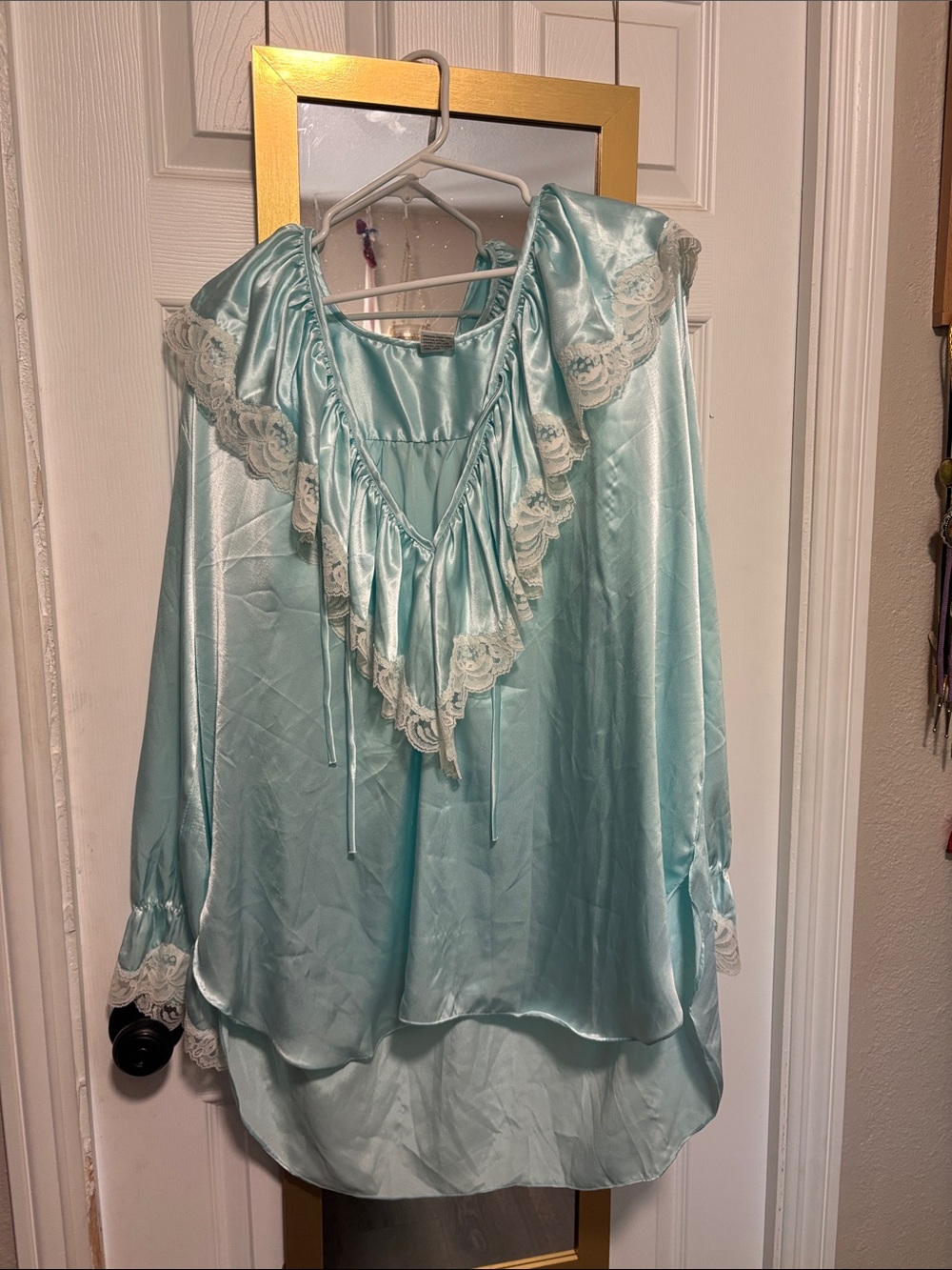 Light Aqua Lace-Trim Satin Women's Blouse